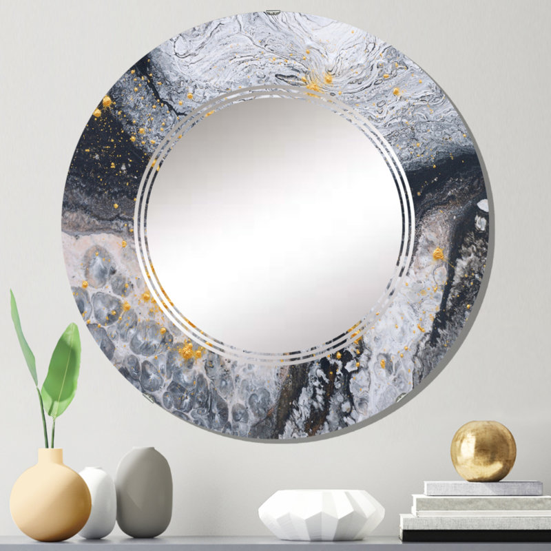Vagues d'art en marbre noir et or noir - miroir mural moderne rond, 24 po x 24 po