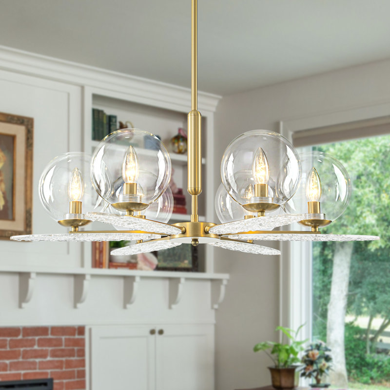 Lustre doré à 6 lumières avec globes en verre transparent et décorations en acrylique ondulé, luminaire suspendu moderne pour îlot de cuisine, hauteur réglable de 19,7 po à 74,8 po, compatible avec les plafonds inclinés, base E12, homologué ETL et UL