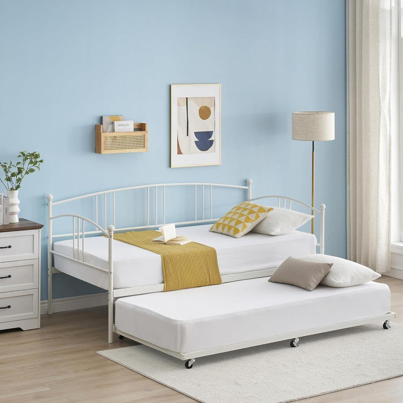 Twin Daybed with Trundle, Metal Twin Size Sofa Bed with Pullout Trundle on Casters for Bedroom & Living Room, White