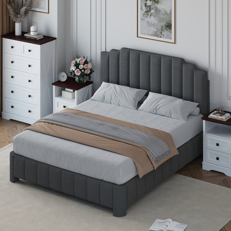 Structure de grand lit avec tête de lit réglable, lit plateforme tapissier Boucle, lit en bois massif pour la chambre à coucher, aucun sommier nécessaire