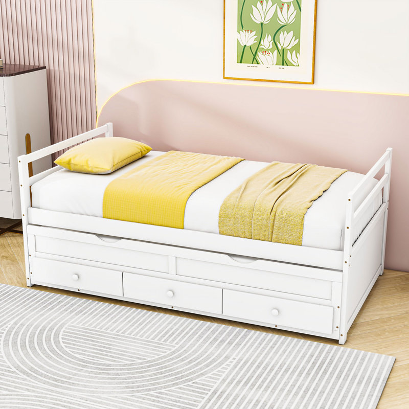 Twin Wooden Platform Bed with Trundle and 3 Drawers, White