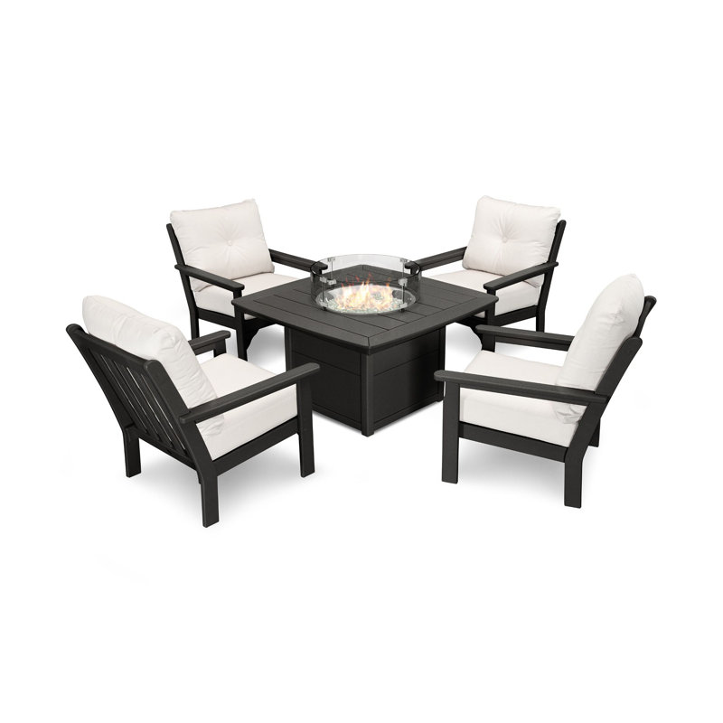 Vineyard 5-Piece Conversation Set with Fire Pit Table, Canvas Granite, Black