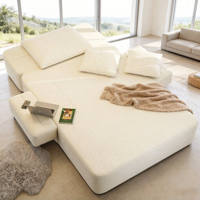 Oversized Plush Corduroy Chaise Lounge Sofa Bed (Dorn Model): Convertible sleeper couch with storage pockets, comes with 3 soft pillows.