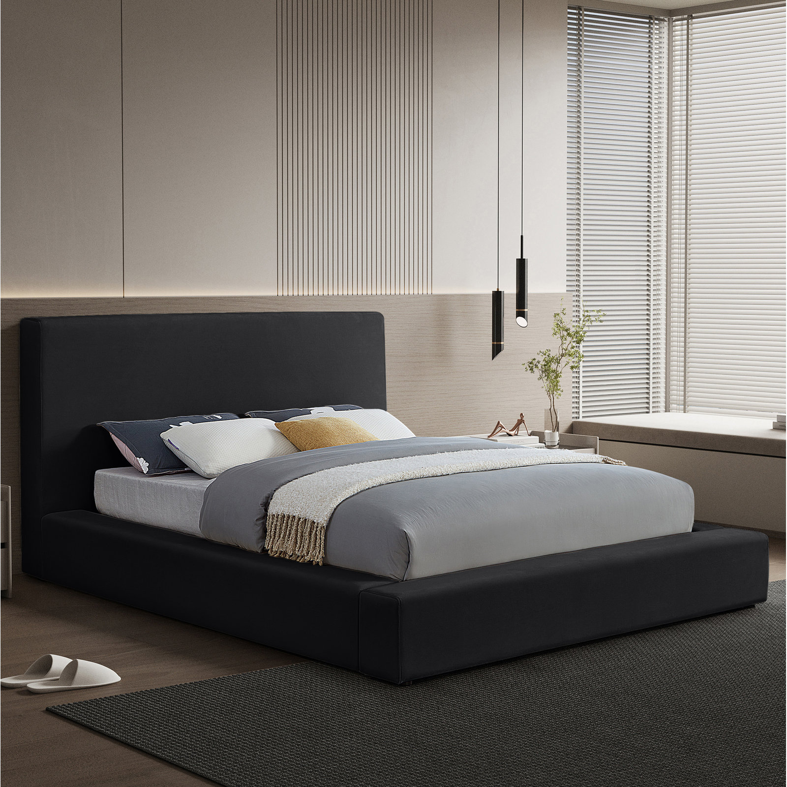 Ishia Velvet Upholstered Bed, King, Black Velvet