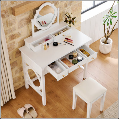 Coiffeuse compacte avec miroir réversible, coiffeuse avec tabouret, coiffeuse compacte pour petits espaces