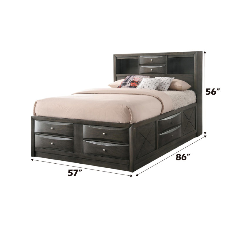 Lit double en chêne gris avec rangement - aucun sommier tapissier, 8 tiroirs, cadre en bois, tiroirs de tête de lit bibliothèque