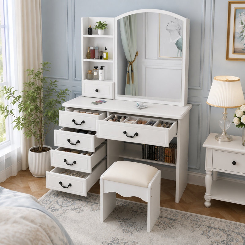 Ensemble coiffeuse de 35 pouces avec miroir lumineux et tabouret, blanc
