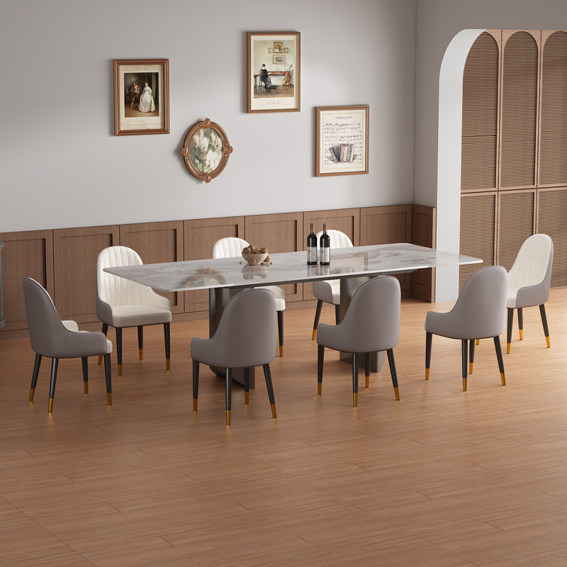 8-Person Extendable 63'' to 94.5''  Dining Set,Rectangular Sintered Stone Top,Stainless Steel Legs(1 Table 8 white Chairs)