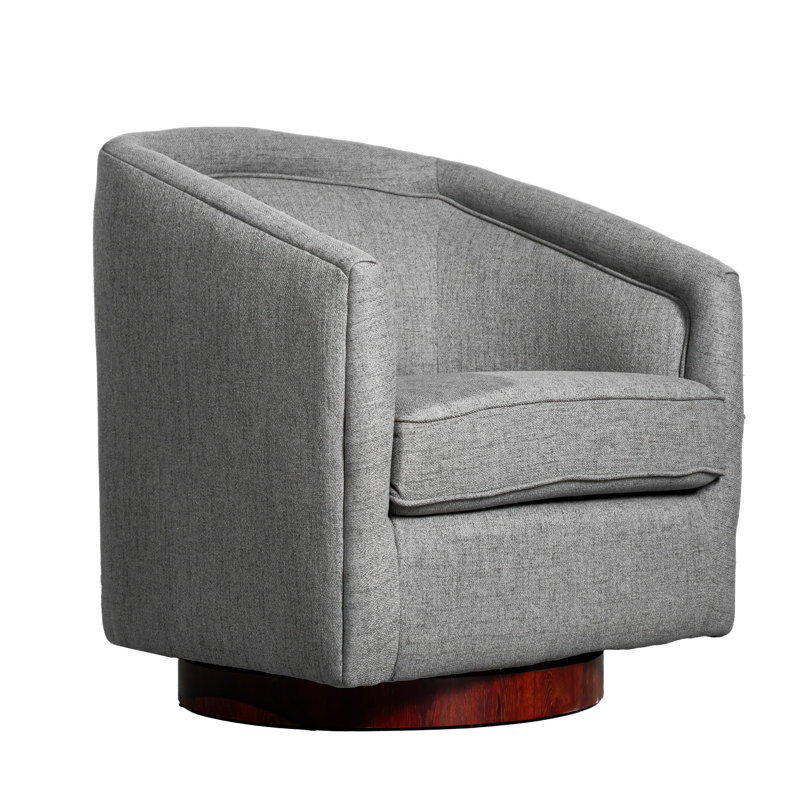 Traditional Club Style Upholstered Accent Chair with 360° Swivel Metal Base, Gray Polyester Blend, Red Wood