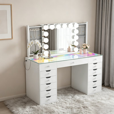 Makeup Vanity Set With Vanity Jewelry Organizer Mirror  Hd Glass Top Built-in Rgb Light Strips Large 13 Drawers
