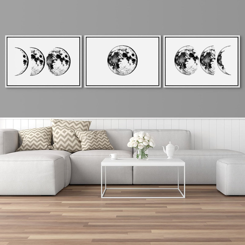"Lune noire et blanche abstraite", 3 pièces, Cadre blanc, H 16 po x l 24 po