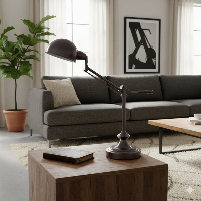 Grande lampe de table réglable en métal de 24,5 po avec bras pivotant et finition argentée