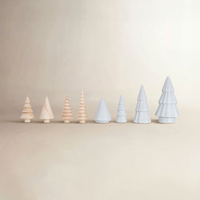 Boxed Stoneware And Wood Christmas Trees