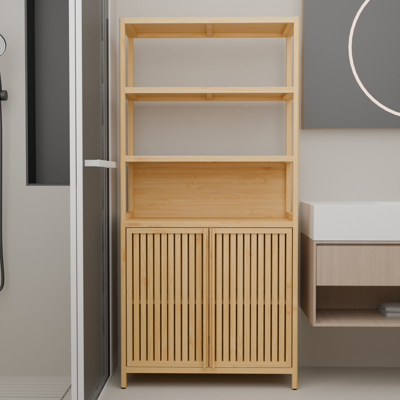 Étagère de rangement 64 pouces à double porte à double porte multi-scène avec 2 tablettes ouvertes, tablettes intérieures et loquet magnétique, couleur naturelle, grande capacité pour le rangement des peignoirs