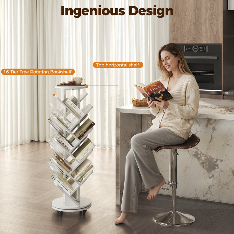360° Rotating Bookcase,16-Tier Tree Rotating Bookshelf, 360 Degree Spinning Standing Bookcase, Corner Bookcase with casters