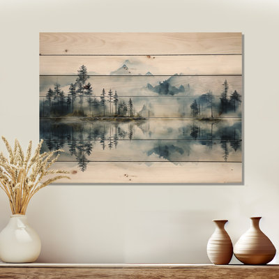 Double exposition de brouillard de montagne paradisiaque - Lake River, art mural sur bois de pin naturel