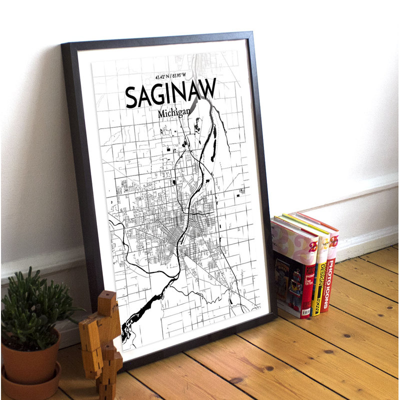 Saginaw City Map - Unframed Graphic Art Print on Paper, 91.4cm H x 61cm W x 0.13cm D, Grey