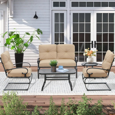 5-Piece Patio Furniture Conversation Sets With Wrought Iron Loveseat And Spring Chairs, Coffee Table And Side TableRed by Charlton Home