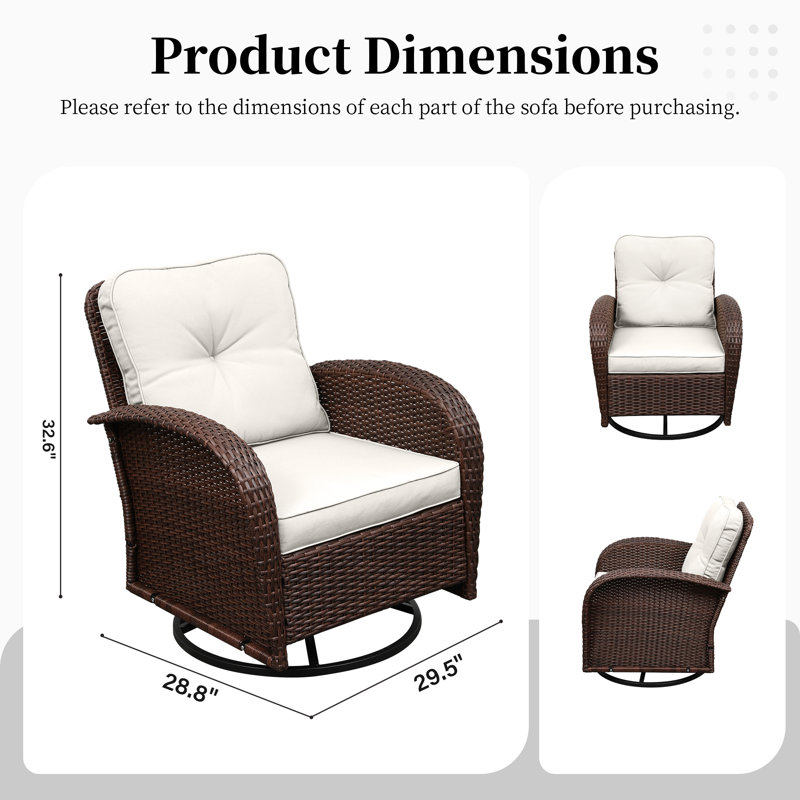  Chaises pivotantes 3 pièces en osier avec coussins blancs, Blanc