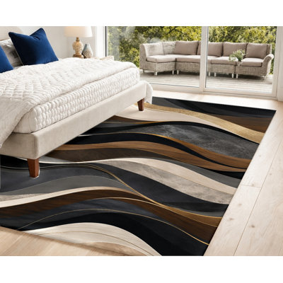Tapis abstrait lavable à la machine avec envers antidérapant, motif de motif géométrique noir et doré à motif dégradé, décoration intérieure confortable pour le salon, la chambre à coucher, la salle à manger, le bureau, le couloir, le bureau