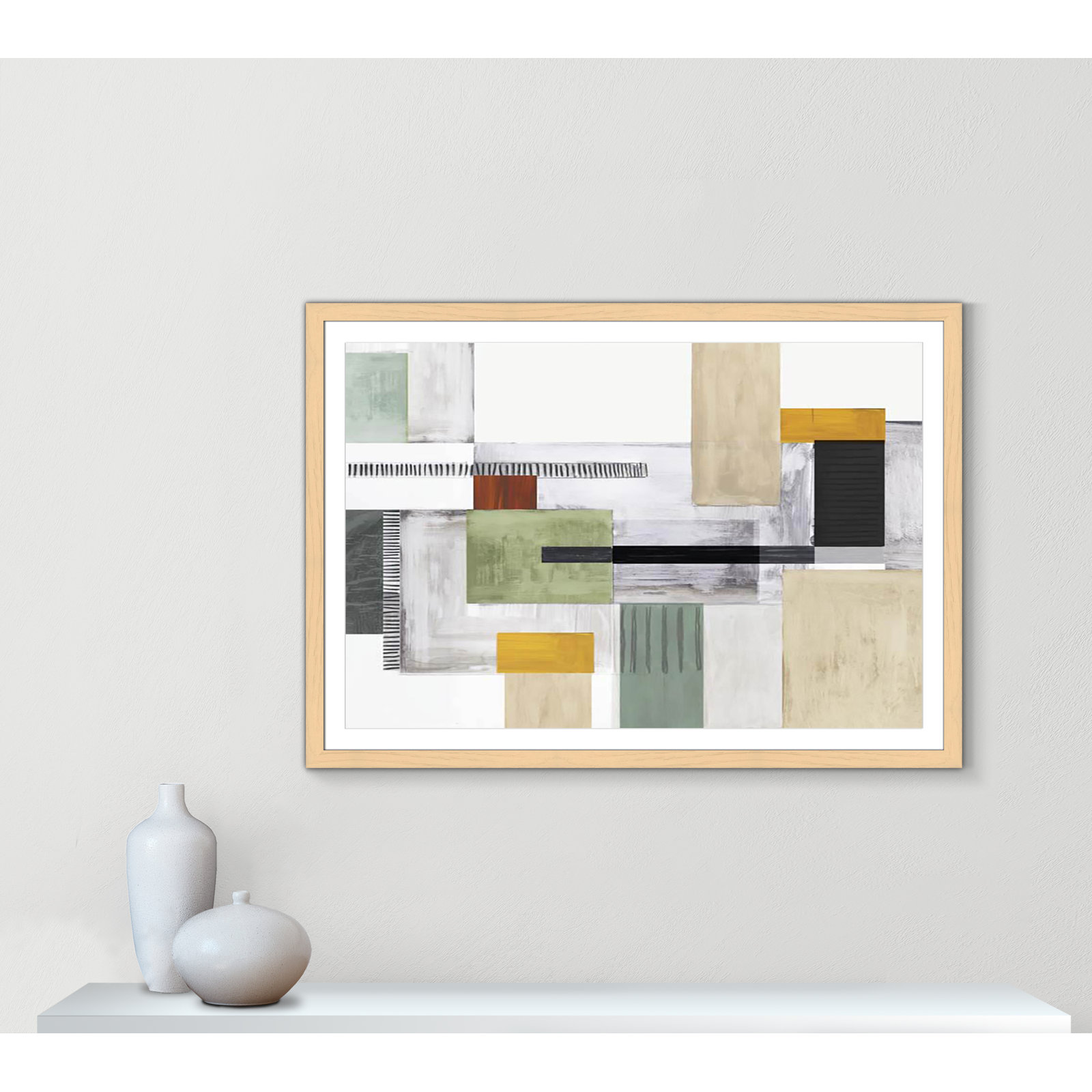 Playful Blocks by Tom Reeves, White, 39" H x 55" W x 1.25" D, Natural Cube Picture Framed