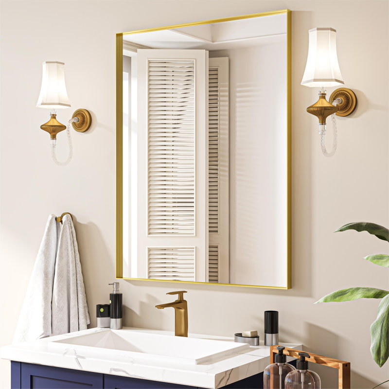 Metal Rectangle Mirror with Aluminum Frame, Bathroom Mirror with Resistant Glass, 28" x 36", Gold