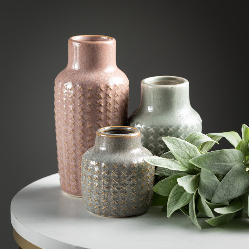 Ensemble de 3 vases de table en céramique rose / gris