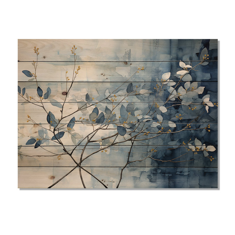 Bleu et gris, laissez sur branche I - feuilles, art mural sur bois de pin naturel, H 30 po x l 40 po