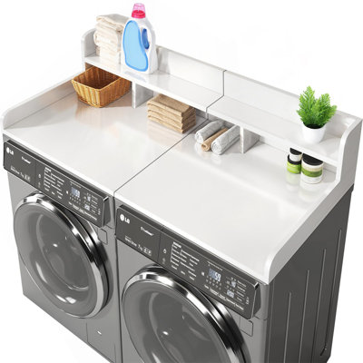 Washer Dryer Countertop With Non-Slip Pads Laundry Wood Shelf Topper With Edge, 54" Width X 27.5" Depth Double Layer Organizer For Washer And Dryer Laundry Hamper Counter Storage Organization (White)