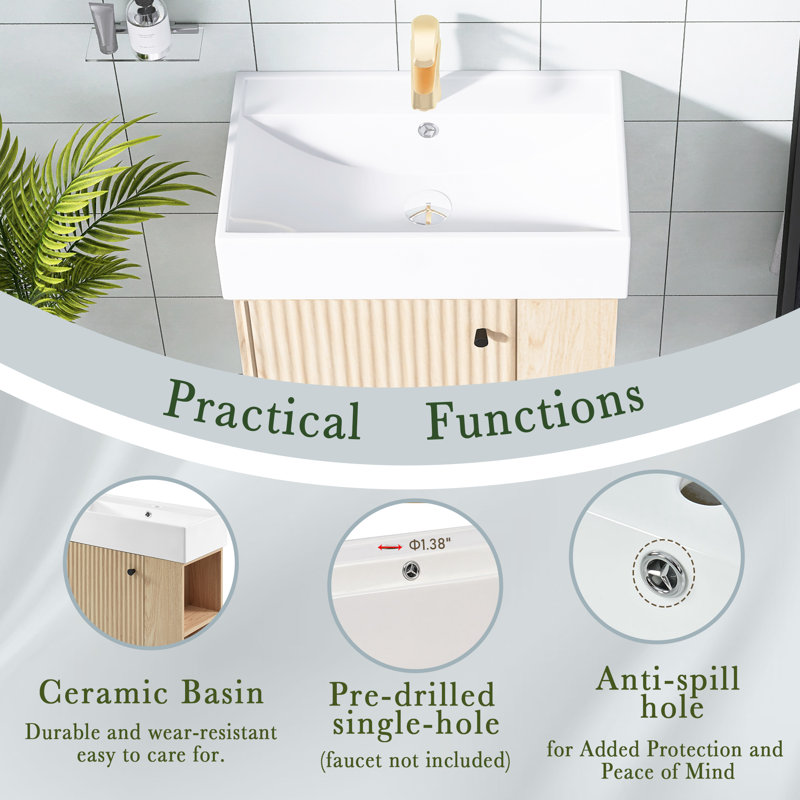 21,6 pouces Meuble-lavabo flottant moderne en bois avec lavabo en céramique |  Fixation murale | 1 porte à fermeture en douceur | Rangement à droite | Porte d'armoire à motif de vagues