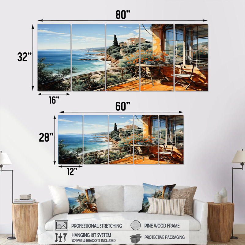French Riviera Beach Reflections - Coastal Windows, art mural 5 pièces, H 32 po x l 80 po