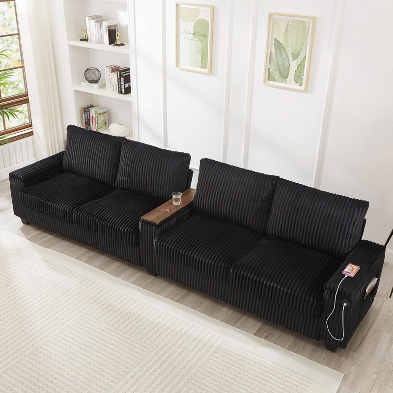 Canapé 4 places en velours côtelé 133 po avec ports USB, bras de rangement dissimulés, porte-gobelets rabattables, Noir