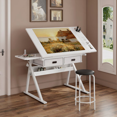 Adjustable drawing drafting table desk with 2 drawers for home office and school with stool