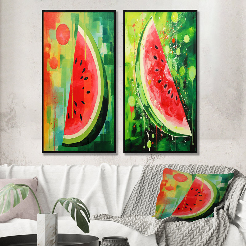 Ensemble de salon mural vert avec pastèque verte - fruits, H 28 po x l 25 po, Cadre noir