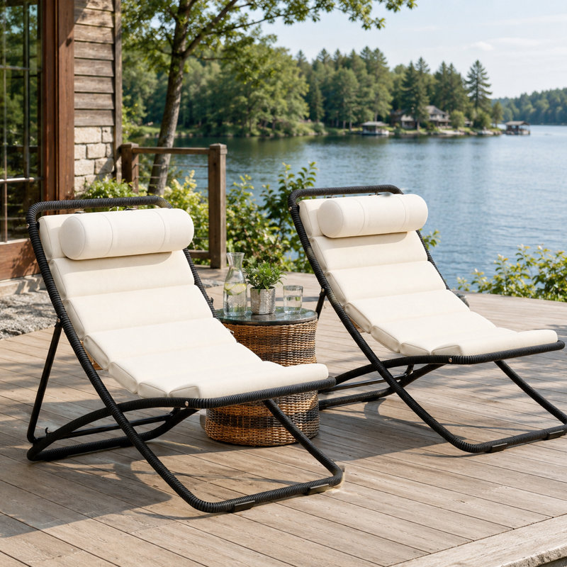 Ensemble 2 pièces de chaise longue pliante d'extérieur avec coussins, structure en acier noir et corde tissée, Black