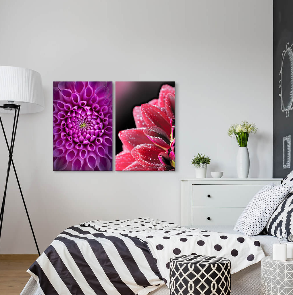 2-tlg. Leinwandbilder-Set - Fotografie „Dahlia Zinnias Red Blossom Summer Pink Sensual Scented”