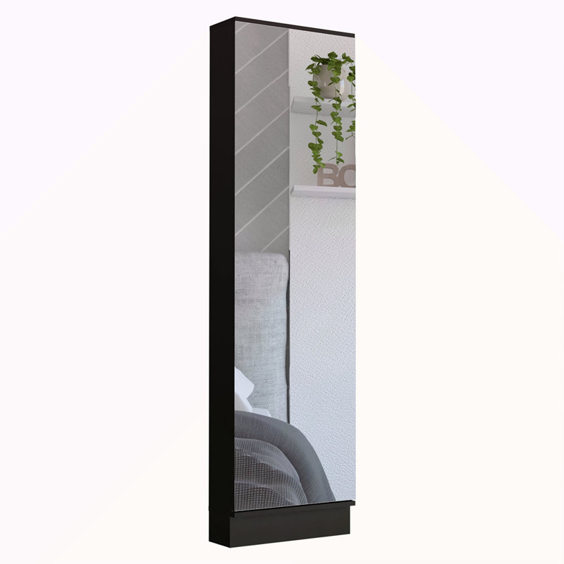 Rangement pour chaussures, miroir, cinq tablettes intérieures, finition d'armoire à une porte, Noir
