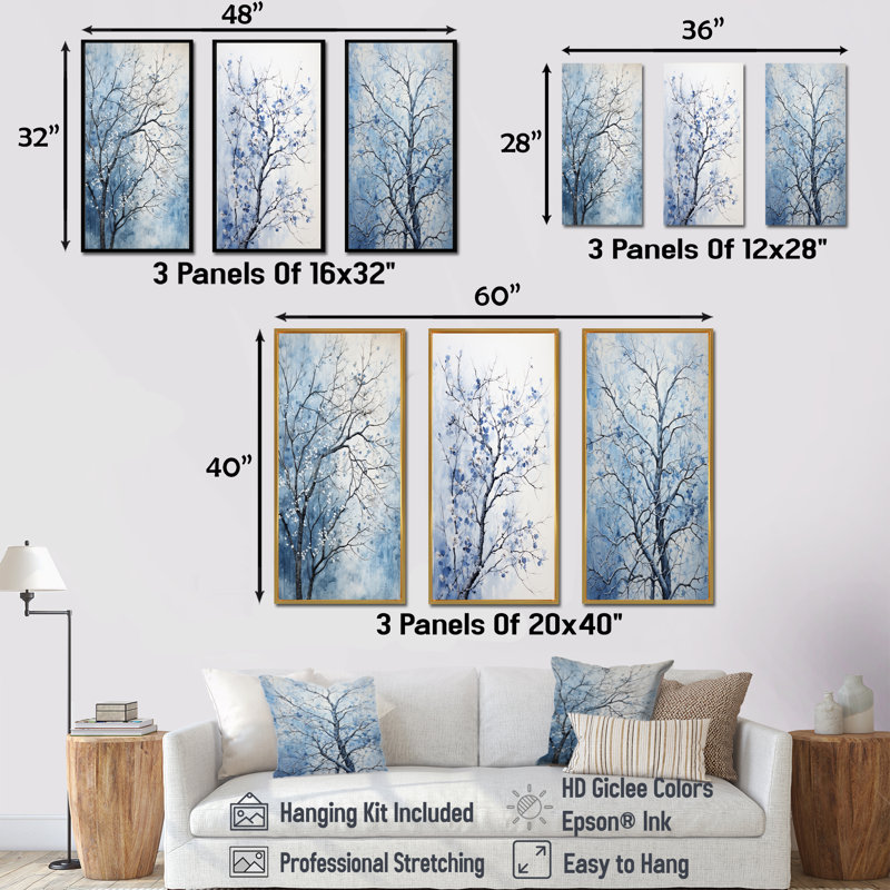 «Blue and White Tree Blooms In Winter I», ensemble de 3 reproductions d'art mural, Cadre flottant doré, H 28 po x l 36 po