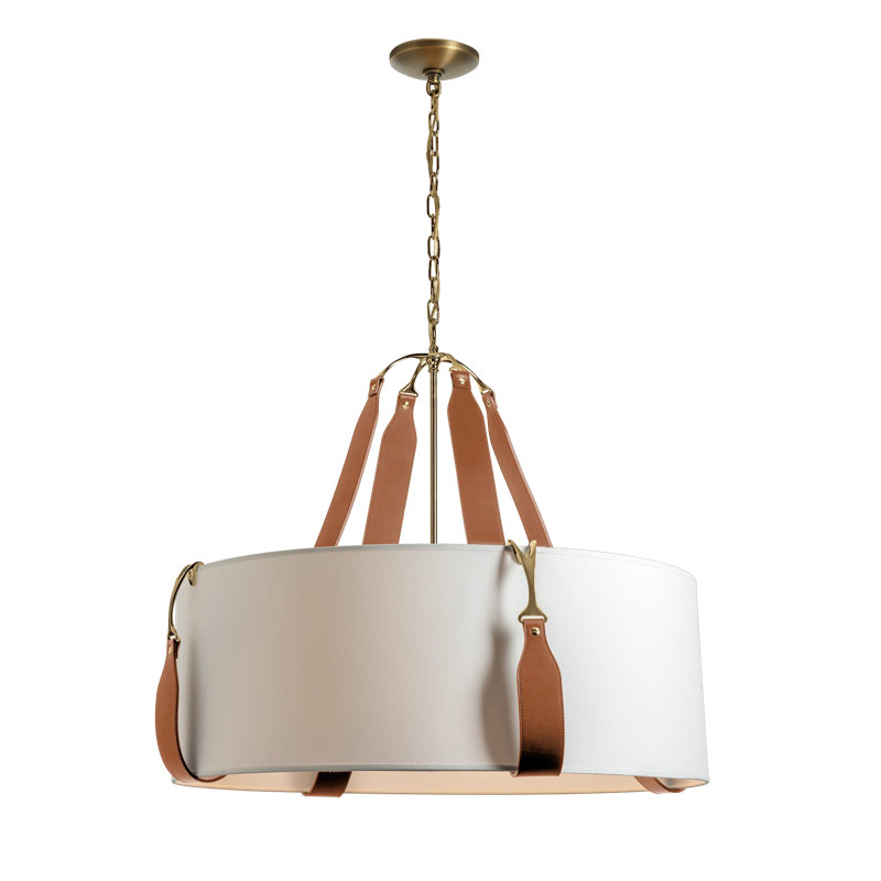 Saratoga 4 - Light Drum Pendant, Natural Anna Shade, Chestnut Leather, Antique Brass
