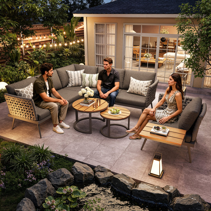 6-seater L-shaped Corner Garden Lounge Set With 2 Coffee Tables, Grey