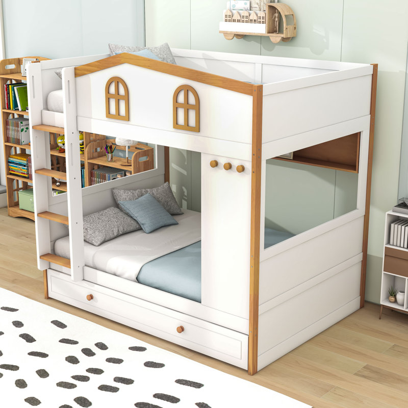 Lit superposé avec conception de maison ludique et tablettes de rangement intégrées, lit gigogne simple