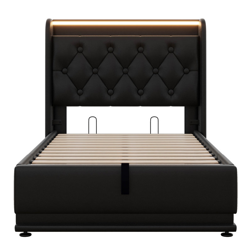Lit de rangement relevable moderne, cadre de lit à DEL avec station de charge, lit plateforme tapissier avec tête de lit à oreilles