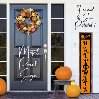 «Happy Halloween - Orange / noir - Panneau de véranda en métal encadré protégé par le soleil, panneau de bienvenue vertical»