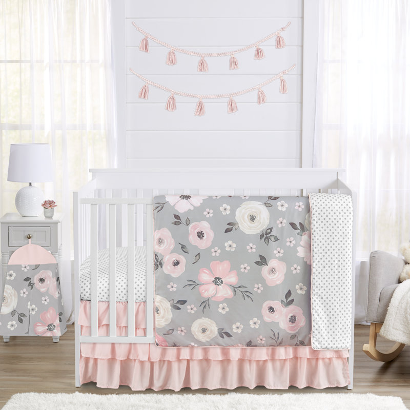 Butterfly Pink and Taupe   Floral 4 Piece Crib Bedding Set