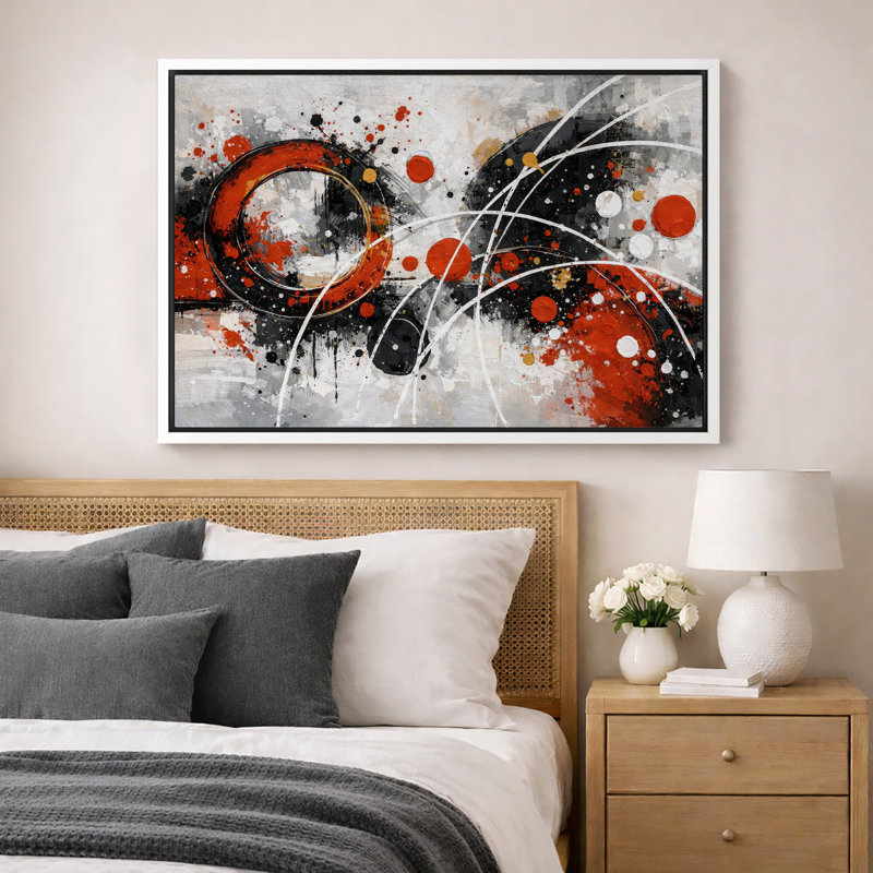 Abstrait abstrait cercle rouge noir, art moderne, impression sur toile encadrée, Cadre blanc, H 16 po x l 24 po x P 1,5 po