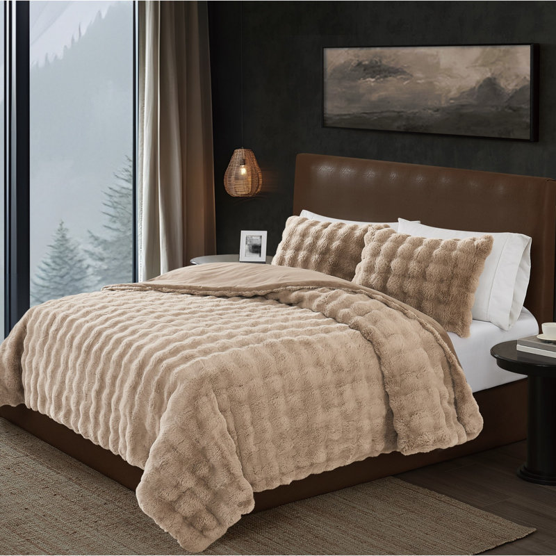 Ensemble d'édredon en fausse fourrure Frye Bubble, Édredon pour grand lit + 2 taies décoratives pou, Tanné