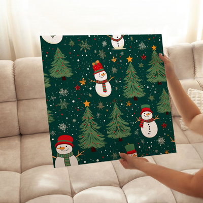 «Holiday Christmas Trees Snowman Motif I», reproduction d'art moderne sans cadre