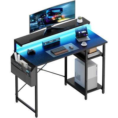 Office Computer Desk with LED Light,Office Table with Monitor Stand for Home/Office Use, Corner Desk with Large Storage Bag and Height Adjustable Storage Shelf, Remote Worker
