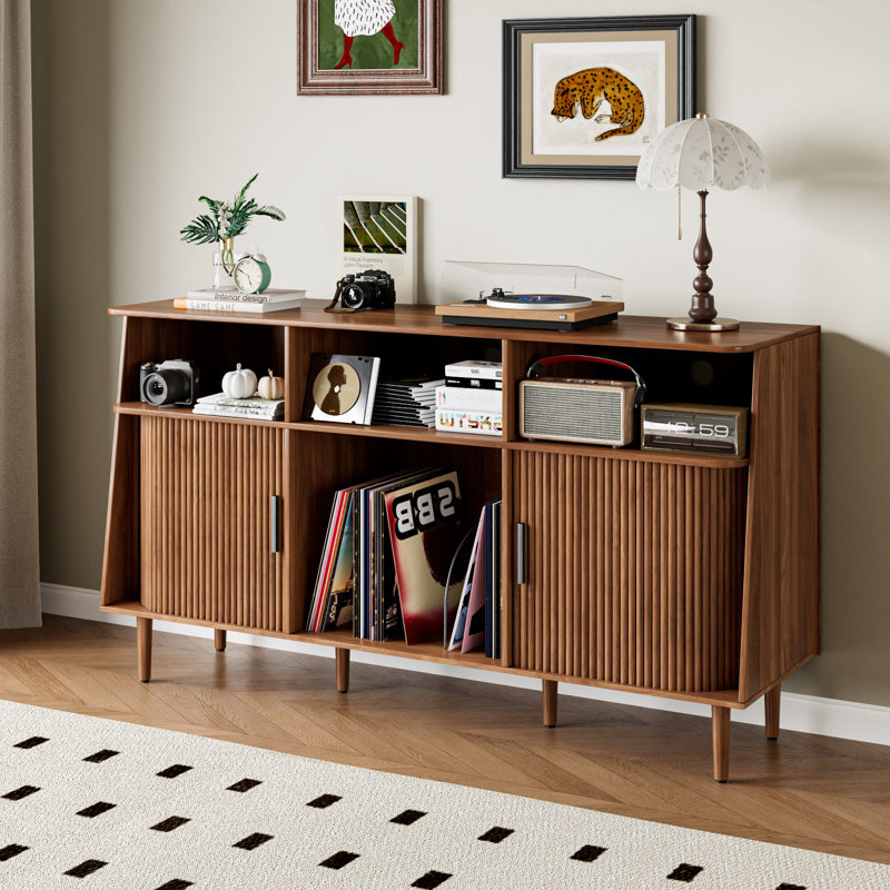 Support pour tourne-disque avec prise de courant et portes coulissantes, armoire de rangement moderne en vinyle de style Mid-Century, table à plateau tournant pour salon