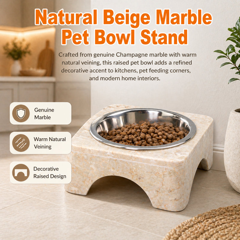 Natural Beige Marble Raised Pet Bowl with 1 Quart Stainless Steel Insert, Arched Scalloped Style